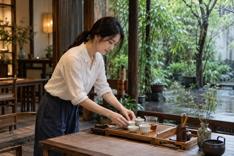 成都庭院茶席布置，竹制桌椅与盖碗茶具